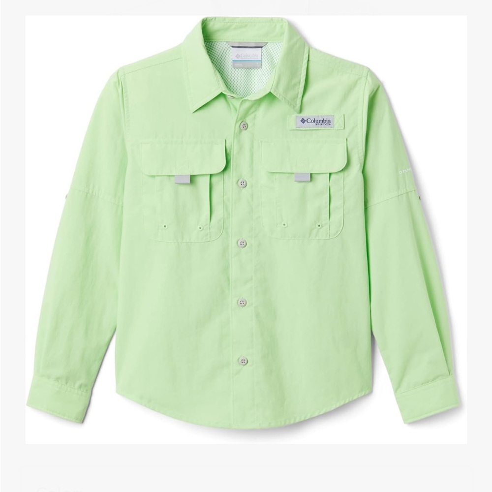 Columbia boys PFG Bahama bright Green Button Down Shirt Sz s (8)